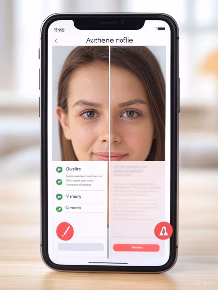 Split-screen comparison showing authentic versus fake dating profiles on smartphone screen, red warn
