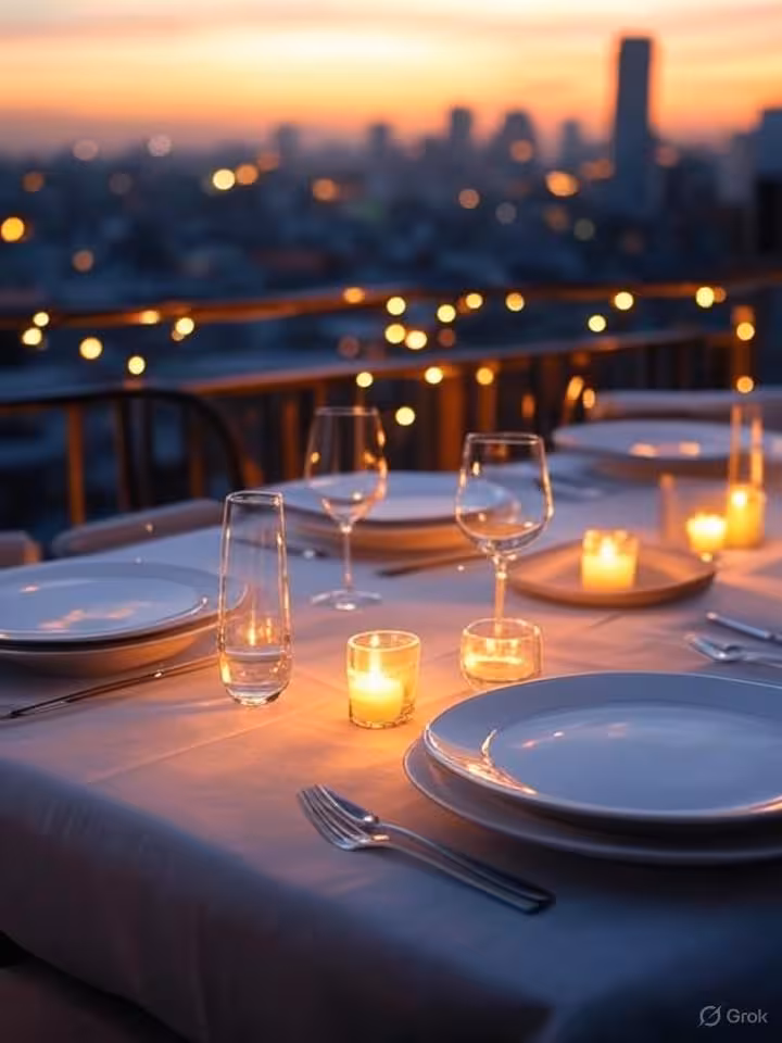 panoramic view of exclusive rooftop restaurant in Bogotá or Buenos Aires, evening cityscape, intimat
