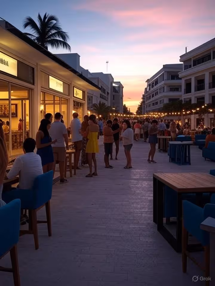 Panoramic view of Playa del Carmen Quinta Avenida at dusk, boutique shops and restaurants, cosmopoli