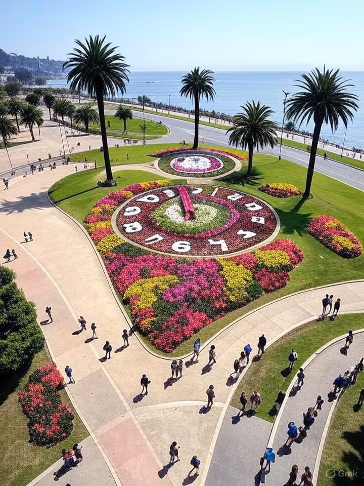 Iconic coastal landmarks of Viña del Mar, famous flower clock and palm-lined promenade, sunny day wi