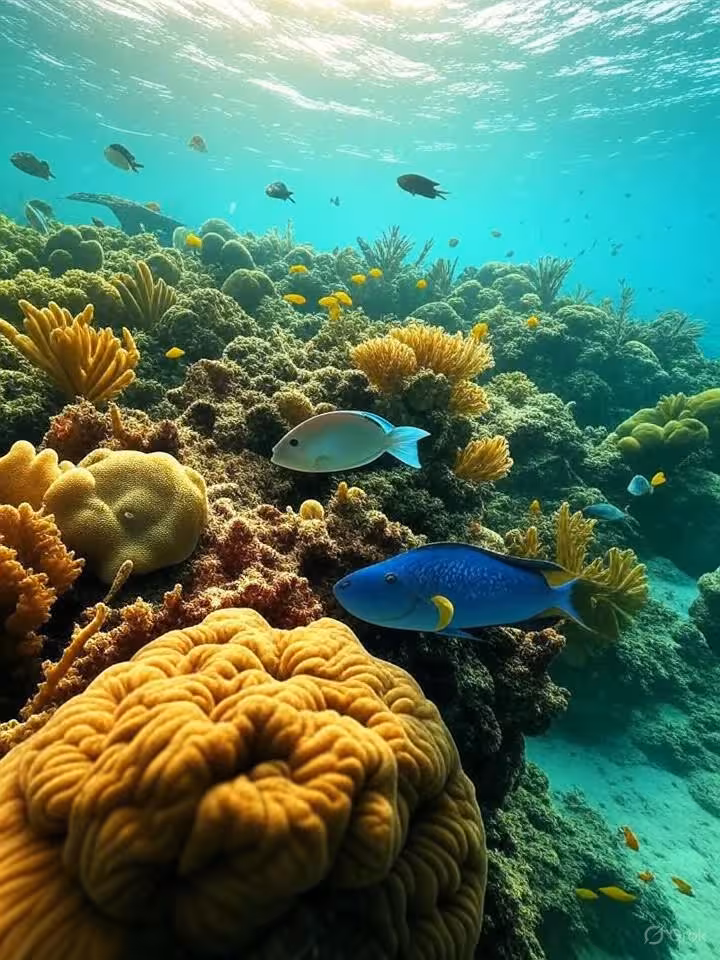 Crystal clear turquoise water with coral reef ecosystem in Roatan Honduras, underwater paradise, sno