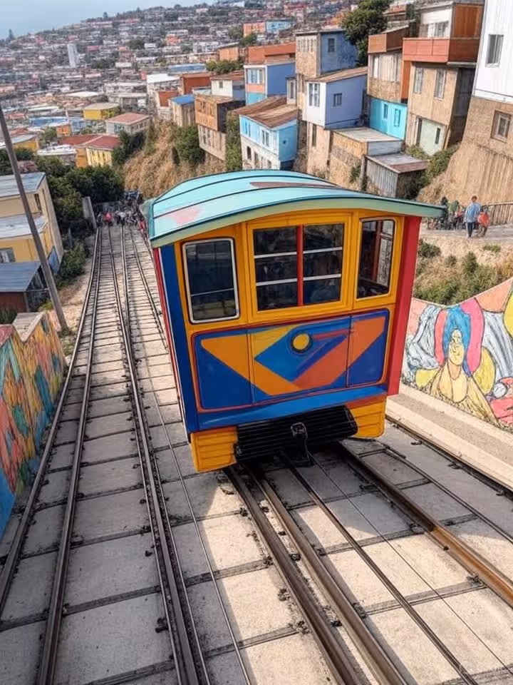 Ascensor funicular histórico de Valparaíso subiendo por cerro colorido