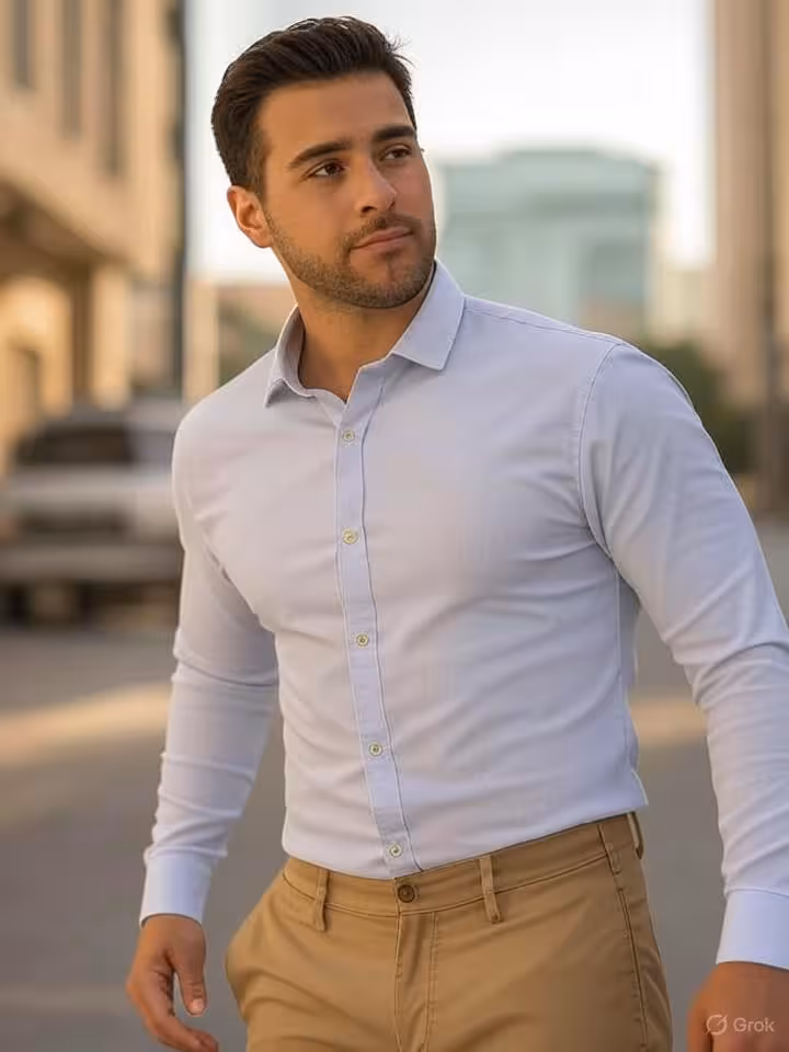 well-dressed man in smart casual attire, light button-down shirt and chinos, modern Latin American u