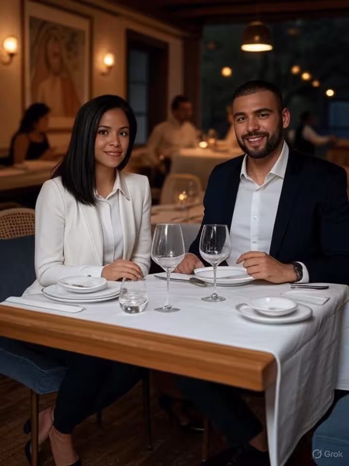 Upscale restaurant interior in Chilean southern city, sophisticated couples dining, modern yet warm