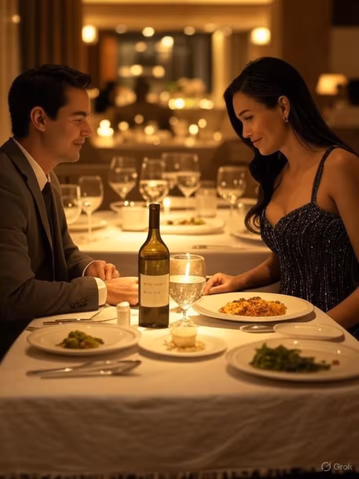 Elegant couple enjoying dinner at sophisticated Quito restaurant, intimate candlelit setting, gourme
