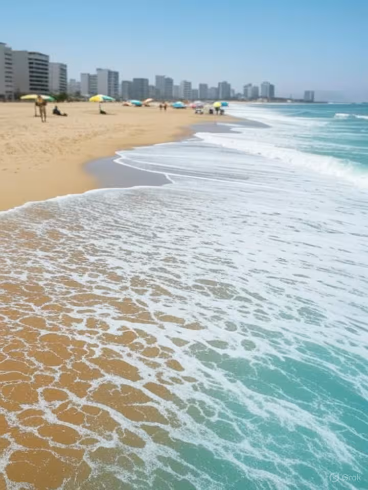 Beautiful Costa Verde beach in Lima Peru, golden sand, turquoise Pacific Ocean waves, modern coastal