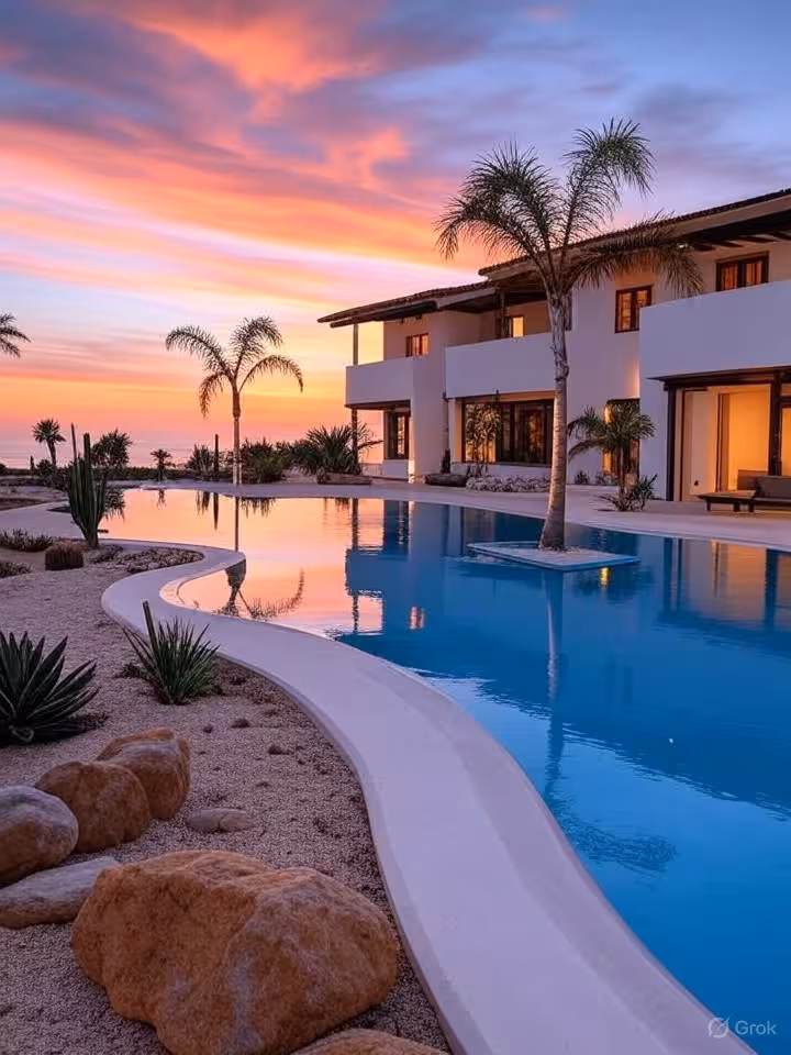 Exclusive beachfront villa in Los Cabos with infinity pool merging into Pacific Ocean, desert landsc
