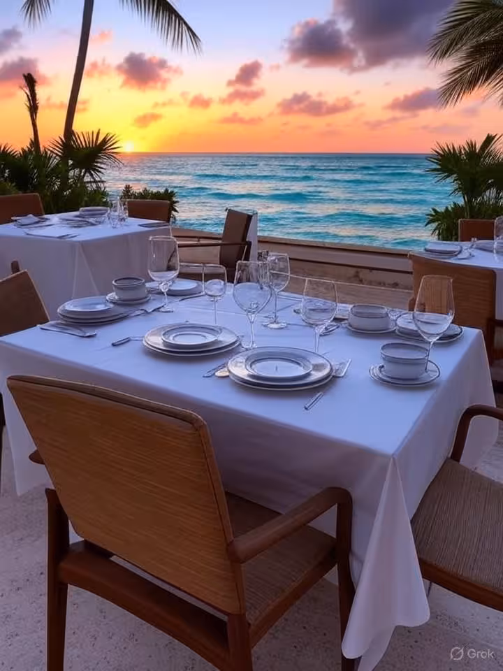 Luxurious beachfront restaurant setting in Cancún Mexico, turquoise Caribbean sea view, elegant tabl