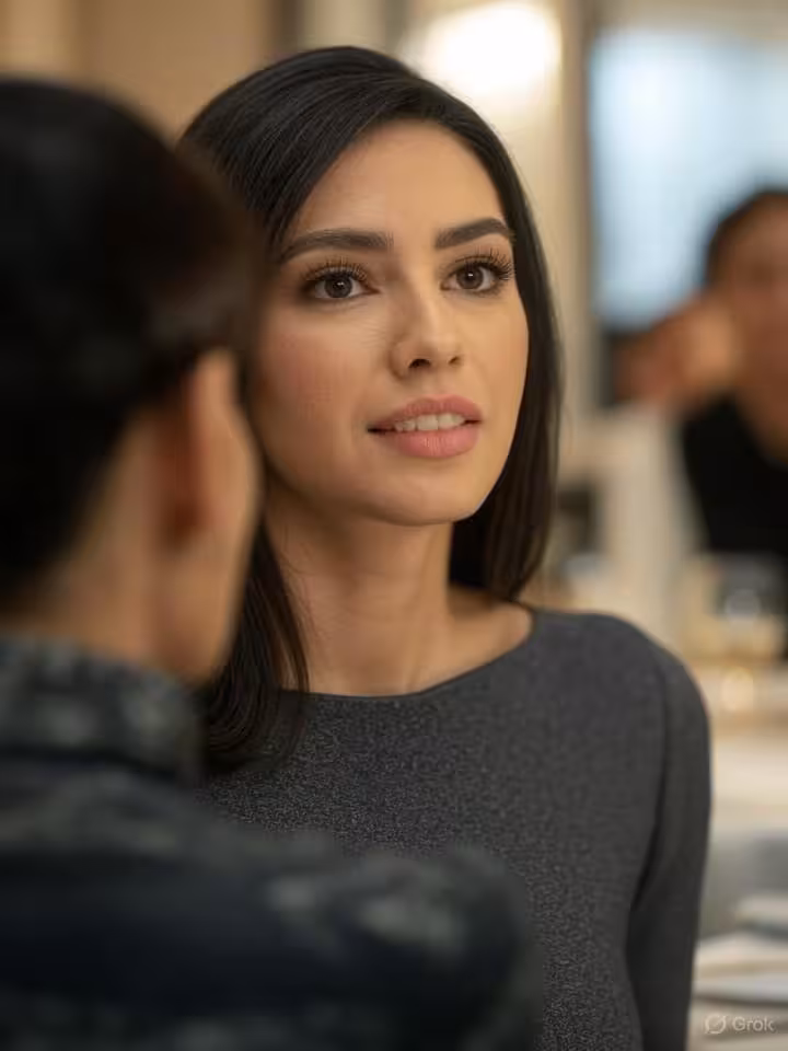 professional latin woman listening attentively during conversation at upscale venue, engaged facial