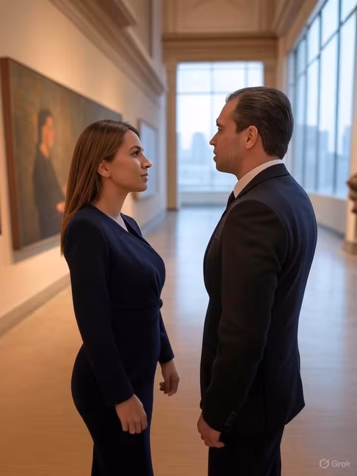 Upscale museum gallery interior in Latin American capital city, well-dressed couple viewing artwork