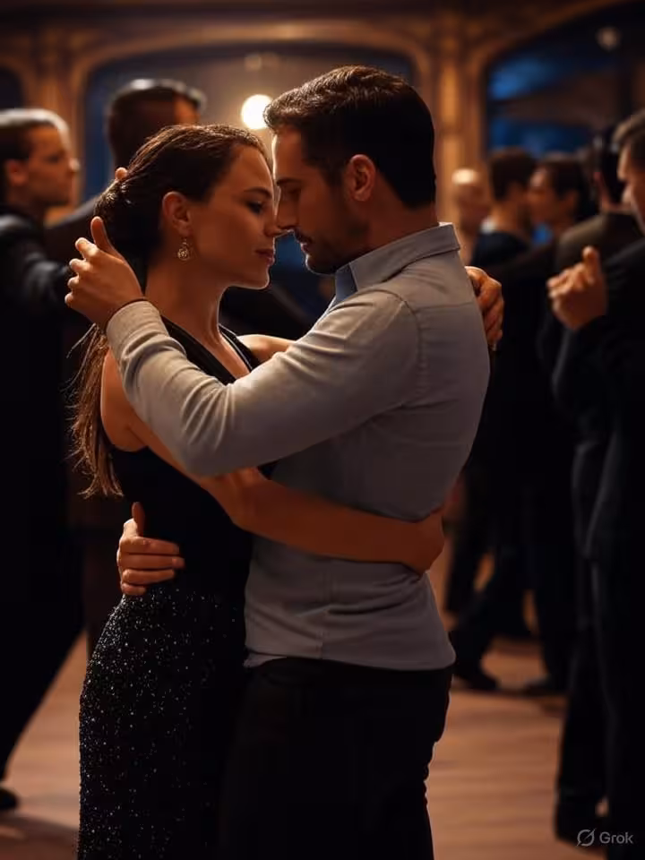 Romantic tango dancers in milonga embrace, authentic Buenos Aires dance hall ambiance, vintage inter