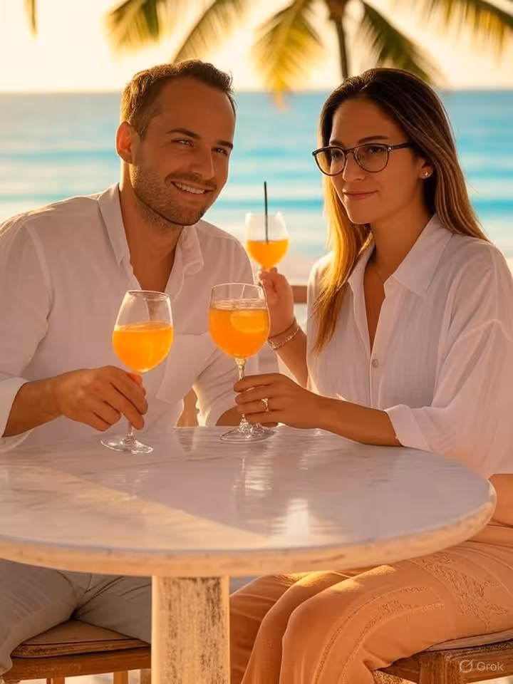 Luxurious beach club in Cancun, refined couple enjoying sunset cocktails, turquoise Caribbean waters