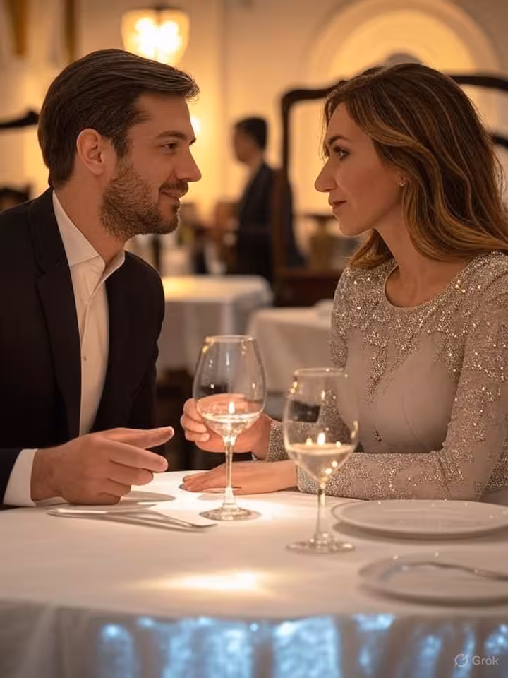 Elegant couple dining at high-end restaurant in Cartagena Colombia, ambient candlelight, sophisticat
