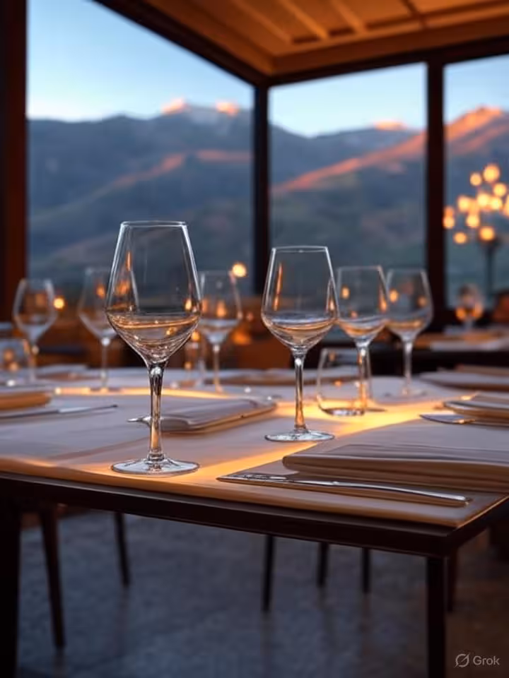 Upscale restaurant interior in Providencia Santiago, elegant table setting with wine glasses, Andes