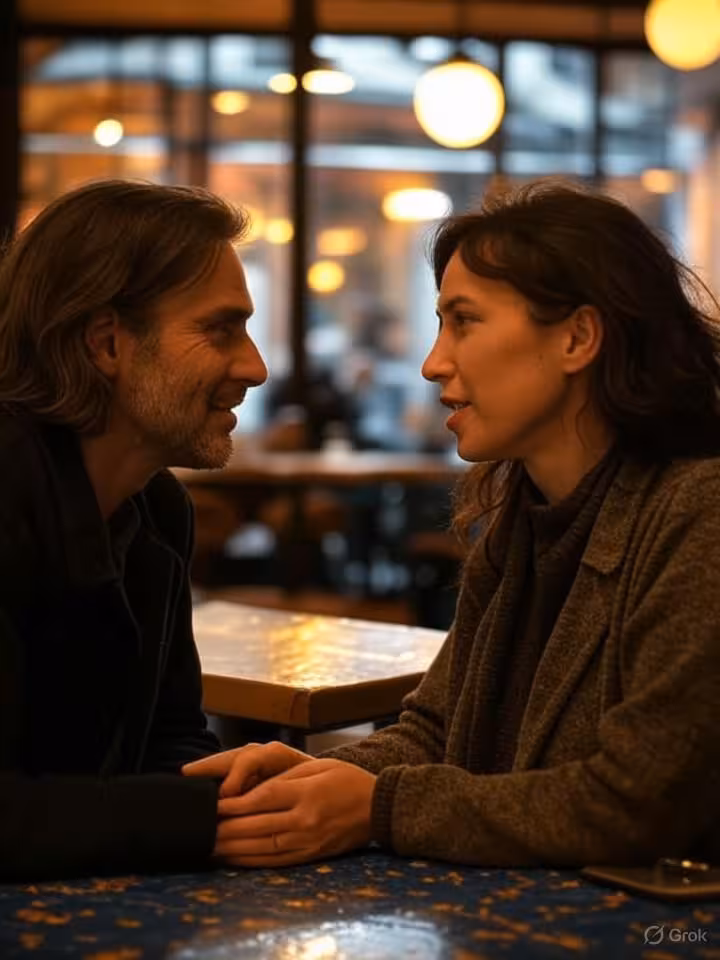 Intimate café conversation between two people, warm atmospheric lighting, Buenos Aires or Santiago c