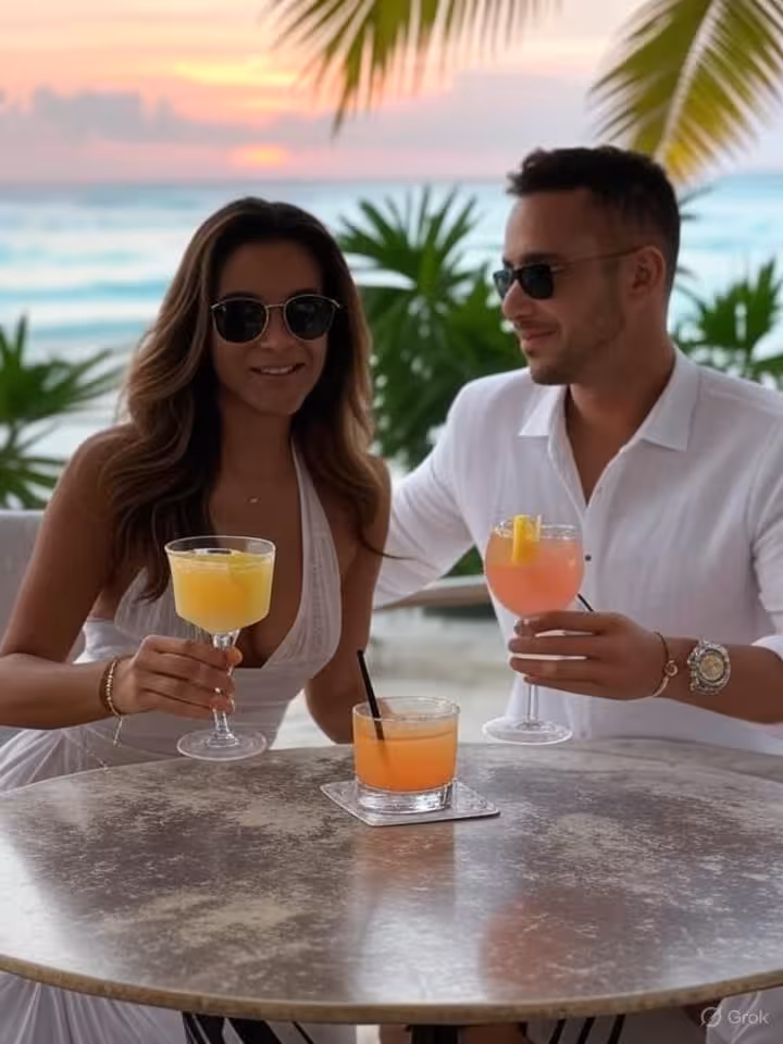Beautiful couple enjoying cocktails at exclusive beach club in Cancún, turquoise Caribbean sea backg