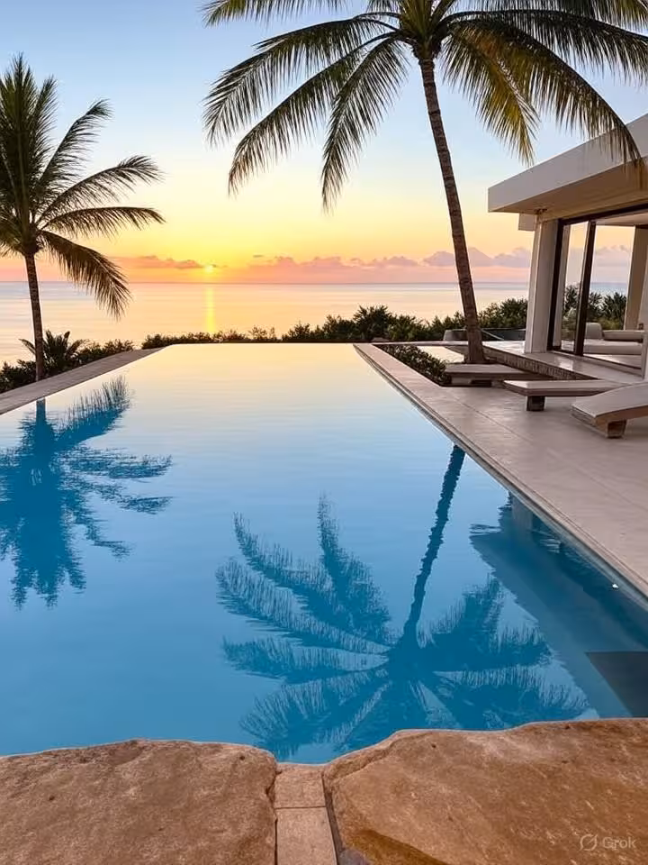 Luxury private villa with infinity pool overlooking Caribbean Sea in Roatan, modern tropical archite