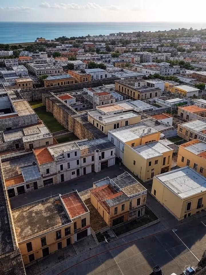 Aerial view of Zona Colonial Santo Domingo showing historic buildings, fortress walls, Caribbean Sea