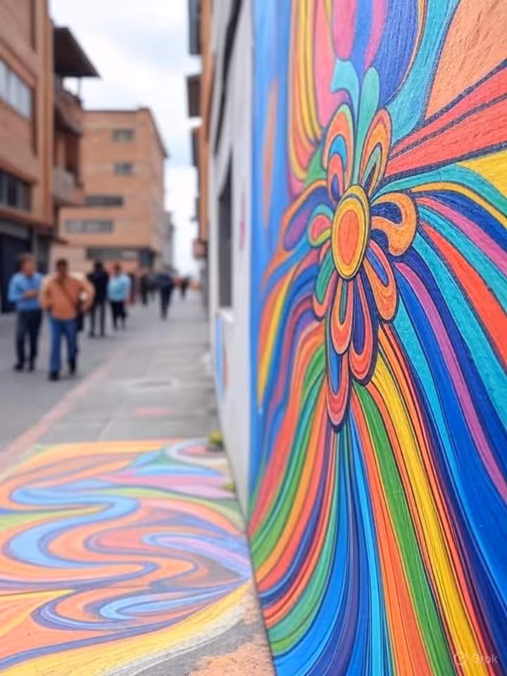Vibrant street art mural in Chapinero neighborhood Bogotá, colorful urban culture, young cosmopolita