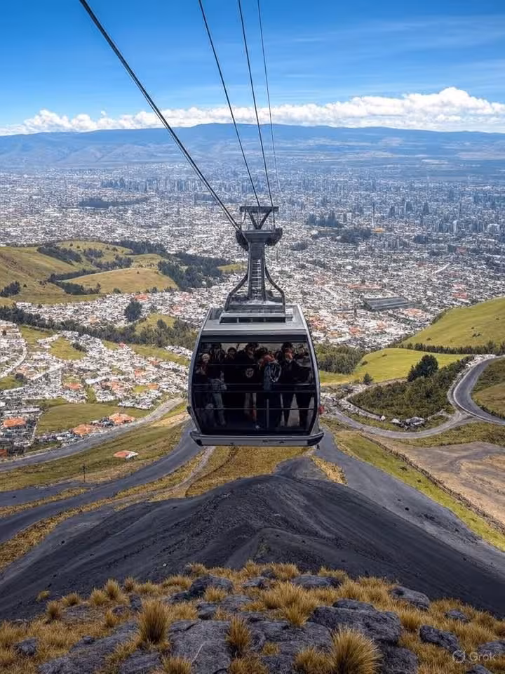 TeleferiQo cable car ascending Pichincha volcano Quito, panoramic city valley views below, mountain