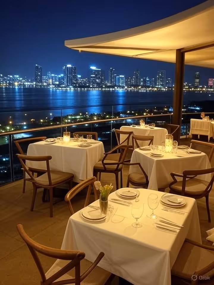 upscale rooftop restaurant overlooking Guayaquil waterfront at night, Malecón 2000 illuminated with