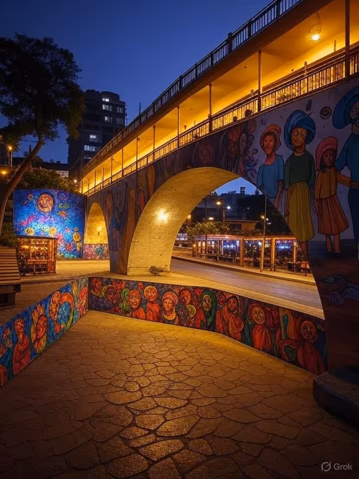 Bohemian Barranco district Lima Peru at night, colorful street art murals, historic Puente de los Su