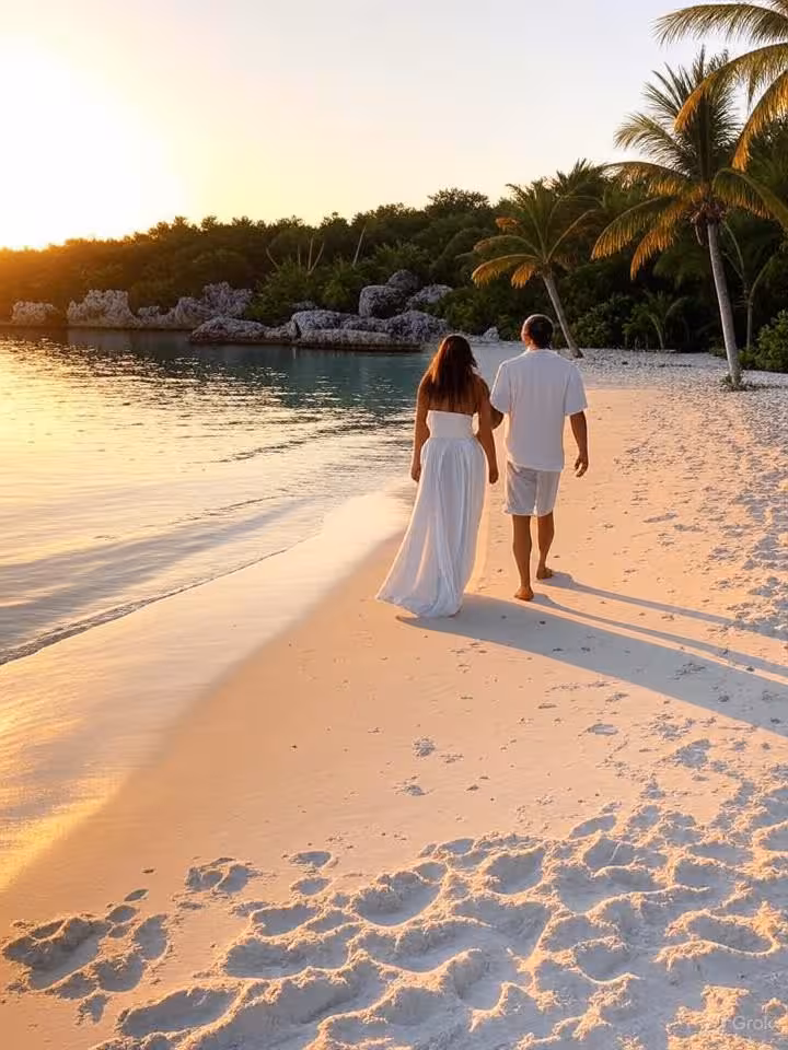 Upscale couple walking on pristine white sand beach in Riviera Maya, cenote crystal waters nearby, l