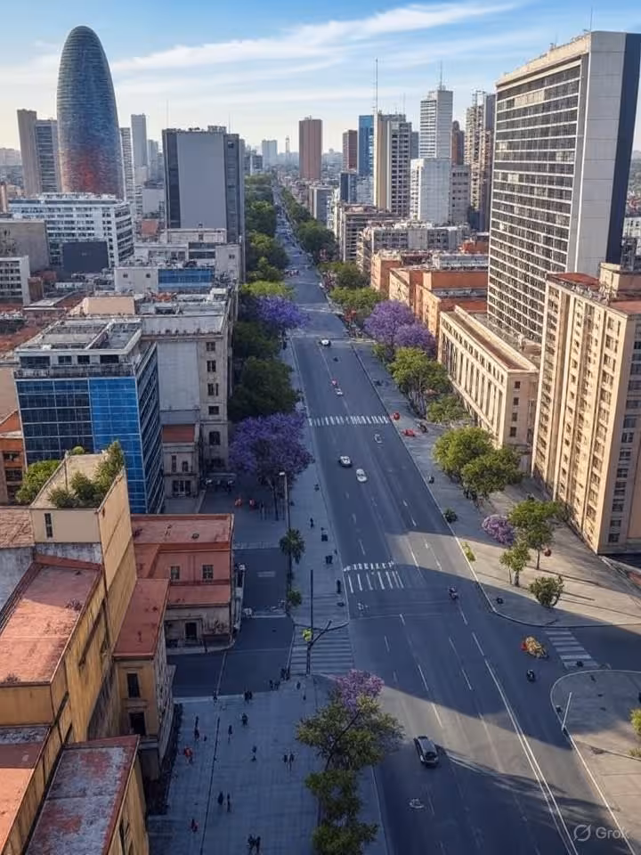 Modern Latin American cityscape collage showing Buenos Aires, Mexico City, Medellín, Santiago landma