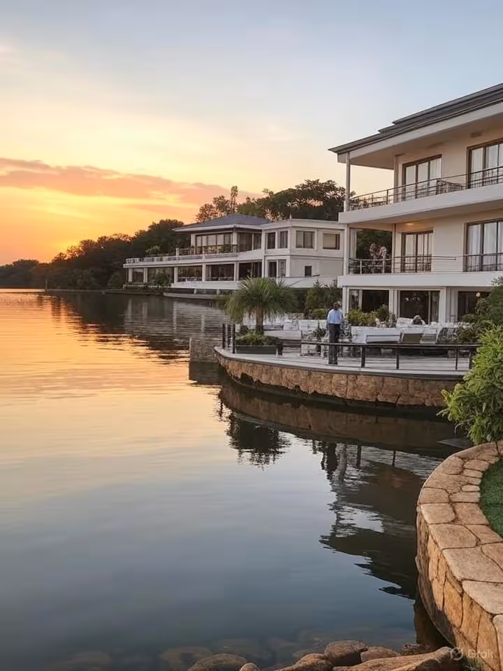 Tranquilo cenário de resort à beira do lago Ypacarai, em San Bernardino, Paraguai, hotel butique de luxo com