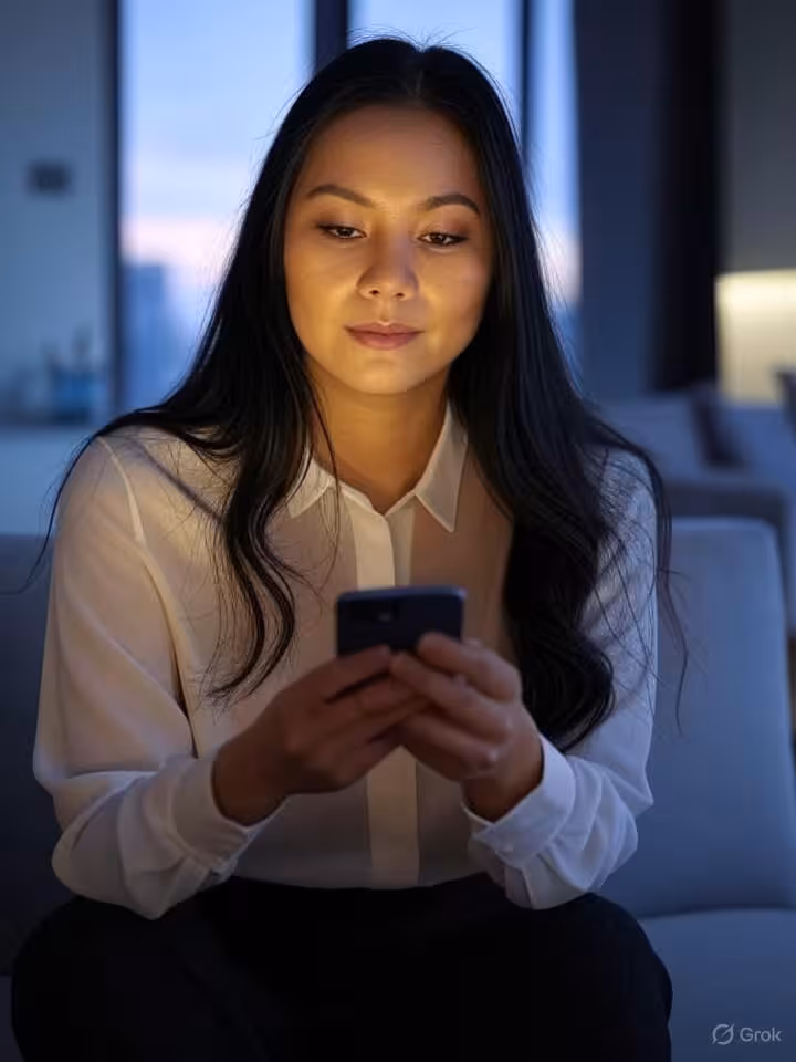 latin woman reviewing her social media profile on smartphone in modern setting, thoughtful expressio