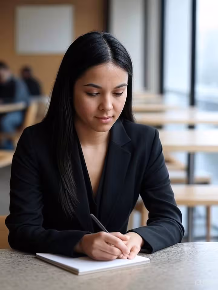 Young Latin American woman taking notes during professional coffee meeting in high-end cafe, mentors