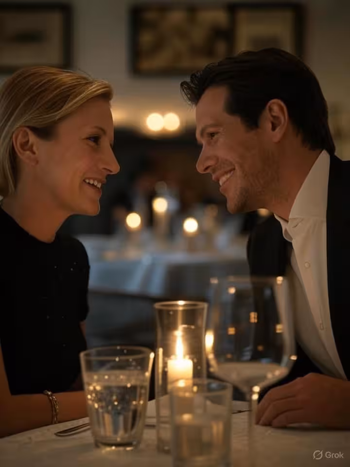 Pareja elegante conversando con naturalidad en restaurante de lujo