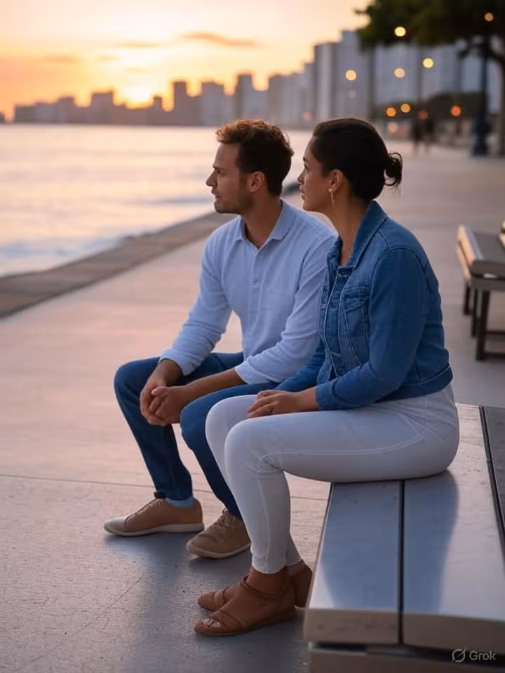 Scenic waterfront promenade in South American coastal city at sunset, elegant couple having conversa