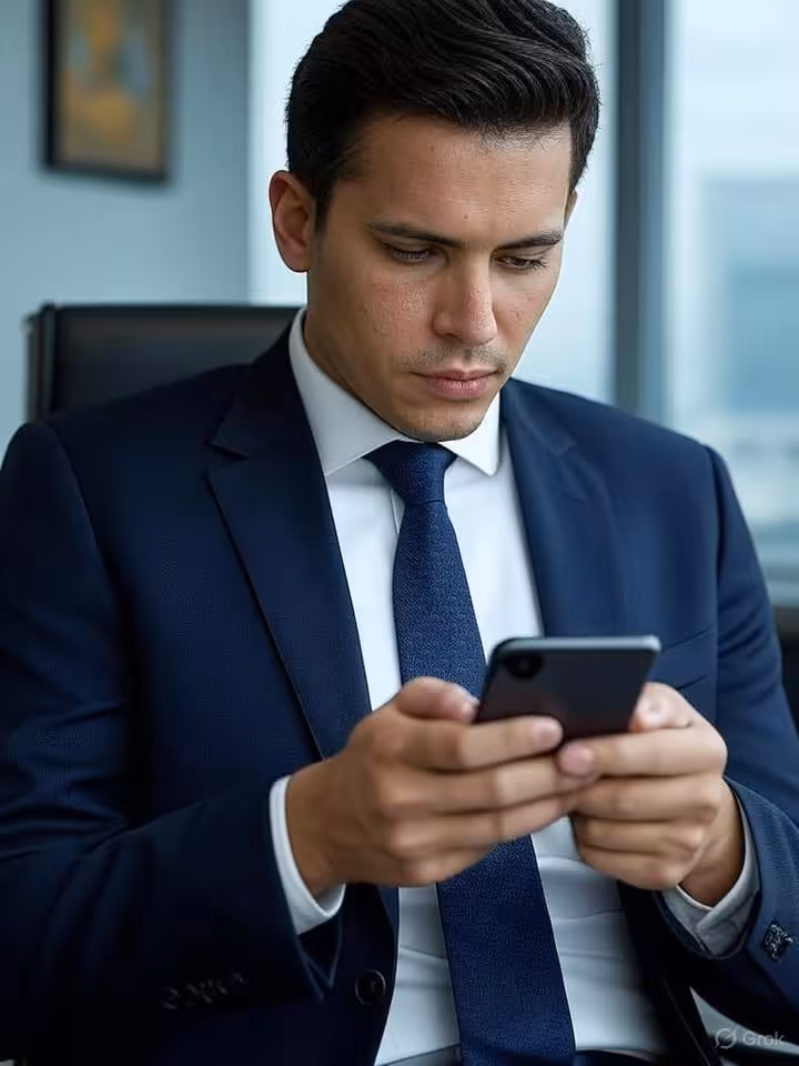 Modern Latin American businessman using privacy settings on smartphone, secure communication concept