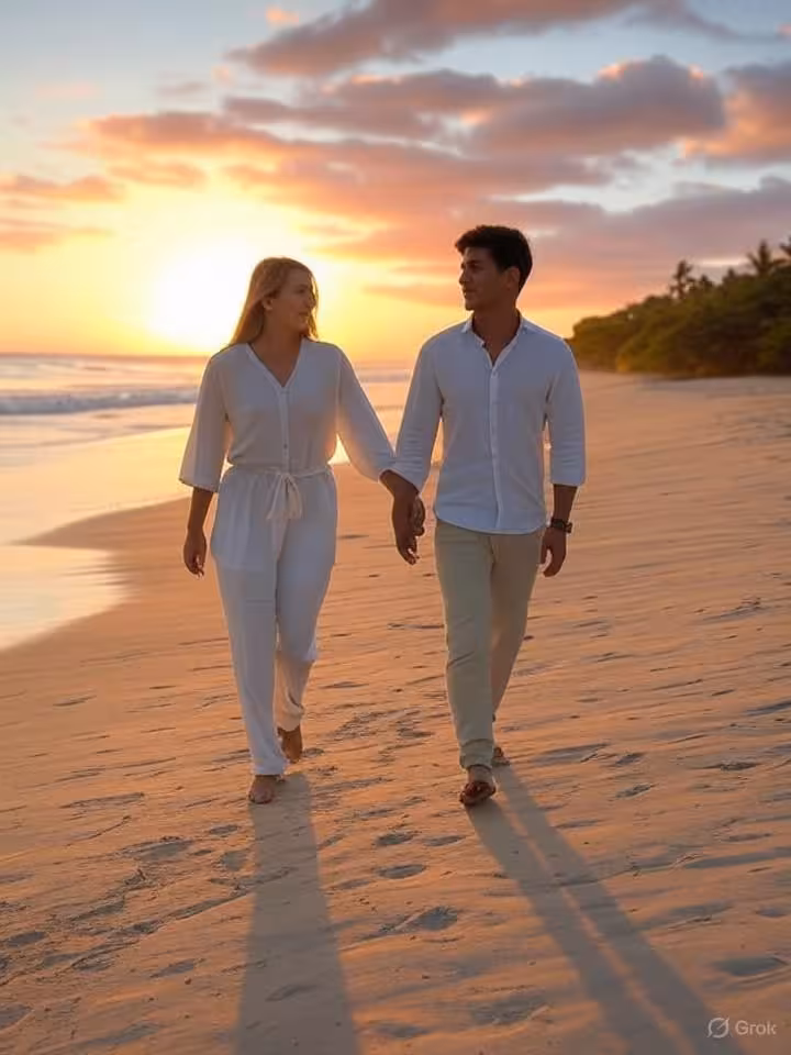 Casal caminhando em uma bela praia latino-americana ao pôr do sol, trajes casuais elegantes, ambiente natural
