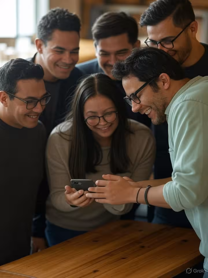 Diverse group of Latin American friends reviewing smartphone together in casual setting, supportive