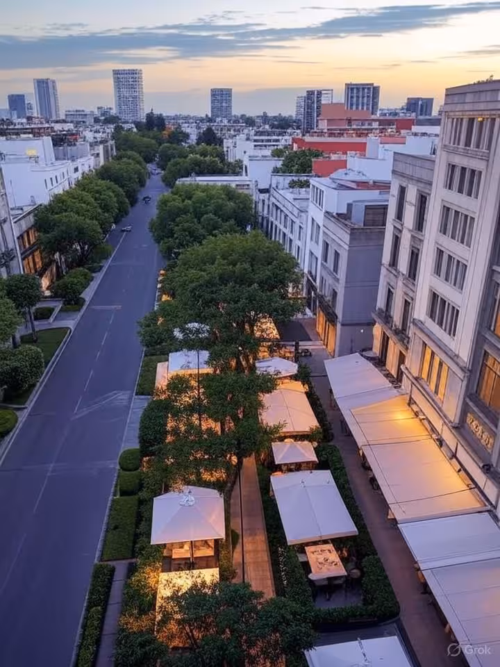 aerial view of upscale neighborhood in Mexico City or Santiago, tree-lined streets, elegant cafés an