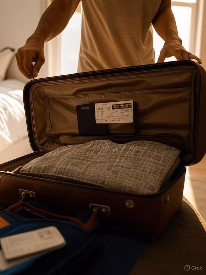 Persona empacando maleta elegante con esenciales de viaje, pasaporte visible