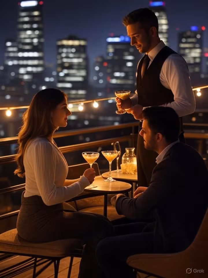Santiago Chile rooftop bar at night, city lights and illuminated skyscrapers, sophisticated lounge a