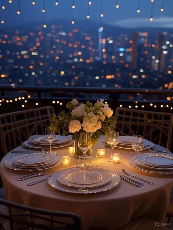 Sophisticated rooftop dinner scene overlooking illuminated Latin American city at night, Medellín or