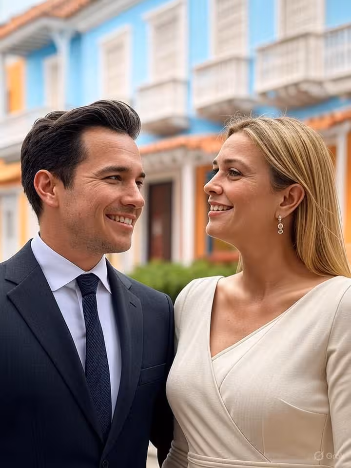 Professional business man and elegant woman exploring colonial architecture in Cartagena old town, c
