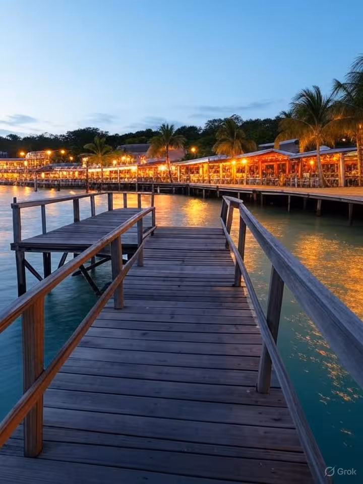 West End village in Roatan at dusk, charming Caribbean beach town, wooden pier extending into turquo