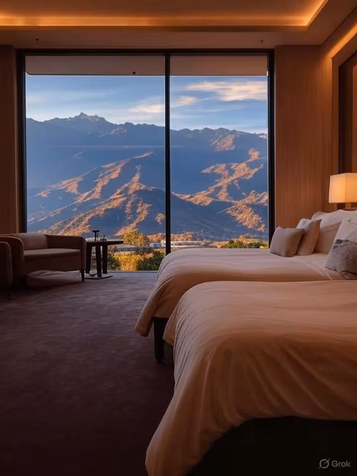 Luxury boutique hotel room interior with floor-to-ceiling windows overlooking Andes mountains Chile,