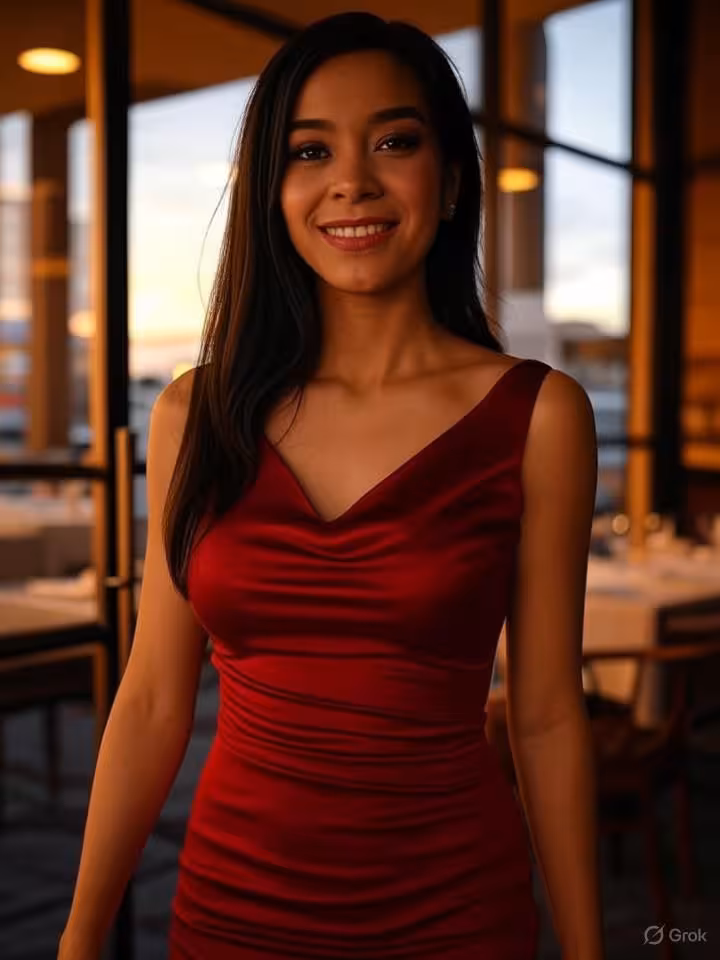 confident latin woman walking into upscale restaurant entrance at sunset, elegant attire, warm golde
