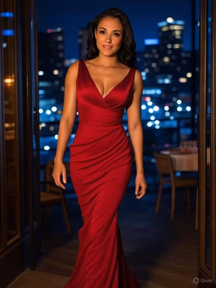 Mujer latina elegante saliendo de restaurante exclusivo con confianza