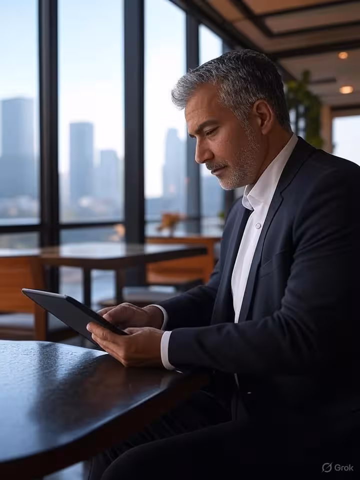 Hombre maduro leyendo en café moderno de Santiago de Chile