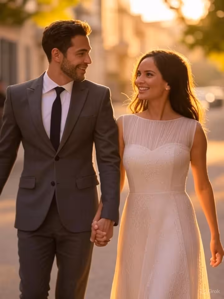 Sophisticated Latin American couple walking through upscale neighborhood in Buenos Aires or Mexico C