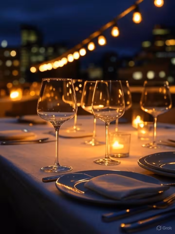 Private sophisticated dinner setting at rooftop restaurant, Chilean wine glasses, city lights of Con