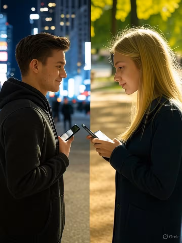 Concepto de pantalla dividida: pareja conectada a través de teléfonos en diferentes ciudades