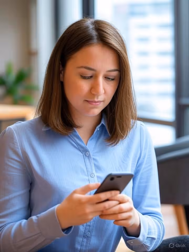 Young professional woman using smartphone at modern coworking space, contemporary Latin American urb